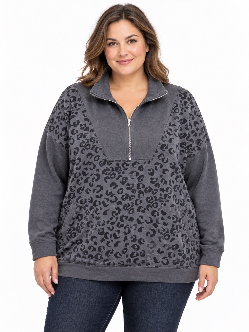Livi Active Charcoal Leopard Quarter-Zip Pullover